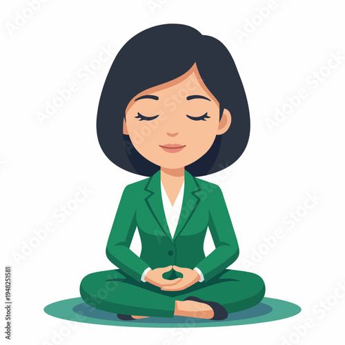 A tranquil image of a businesswoman in a green suit meditating in a cross-legged position, symbolizing peace, mindfulness, and work-life balance in the modern world.