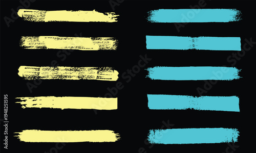 Set of grunge rolled ink stamp textures handmade with brayer. Vintage grunge paint brush strokes and banner set with colorful textured flag style design for vector illustration and web labels.