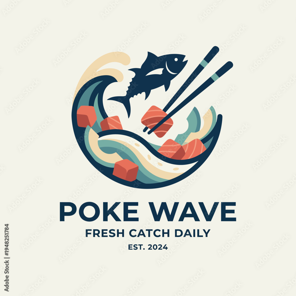 Obraz premium This logo features a dynamic wave with fish and sushi, symbolizing freshness and vibrancy in a contemporary food brand focused on poke bowls, appealing to seafood lovers.