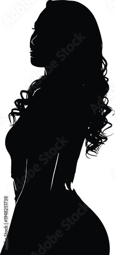 Black silhouette of a woman with curly hair white background