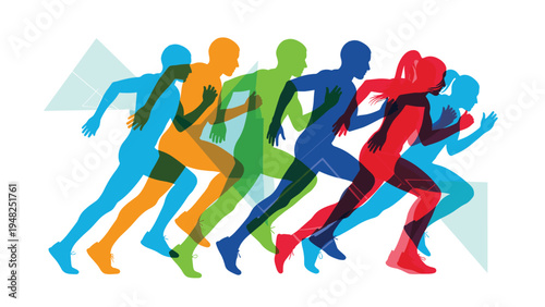 Dynamic silhouettes of people running in a race with colorful overlapping figures representing speed and motion.