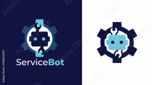 This logo features a friendly robot face integrated with gears, representing automation and service. Perfect for tech companies focusing on robotic solutions and customer service.