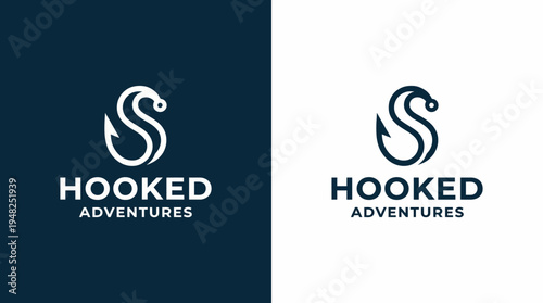 The logo features a stylish hook and flowing typography, capturing the adventurous spirit. Ideal for outdoor and fishing brands focused on exploration and thrilling experiences.