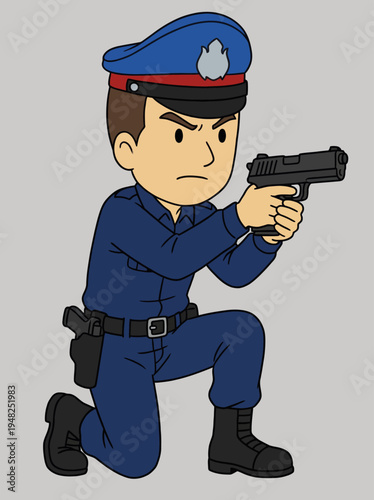 Dynamic illustration of a determined police officer in uniform, kneeling and aiming with a firearm, showcasing courage and readiness in a cartoonish style.