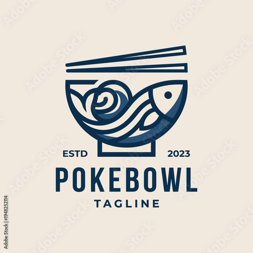 An artistic logo design for a Pokebowl restaurant featuring a bowl and fish outlines, emphasizing freshness, style, and culinary passion in a sleek and modern manner.