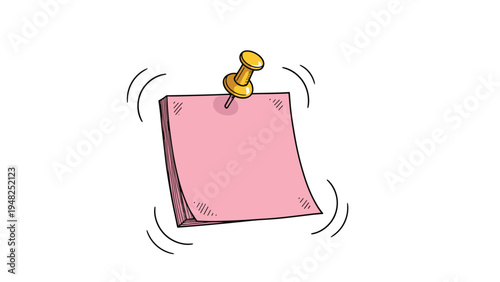 Blank pink sticky note pinned to a surface with a gold thumbtack and motion lines suggesting it is shaking or vibrating.