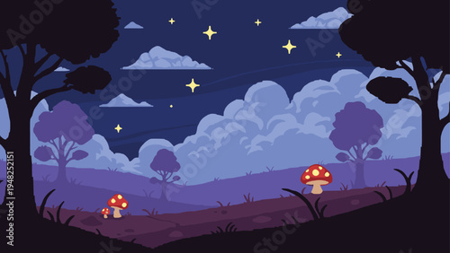 Magical nighttime landscape with a starry sky over purple hills and glowing mushrooms in a dark forest setting.