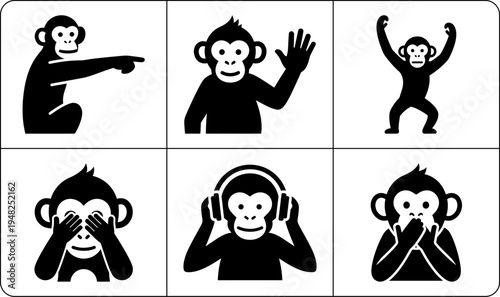 A set of six monkey silhouettes in different poses and gestures, representing see, hear, speak, and act, on a white background.
