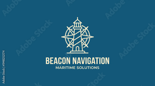 An elegant lighthouse navigation logo designed in white on a blue background, symbolizing guidance, safety, and maritime expertise for navigation solutions.