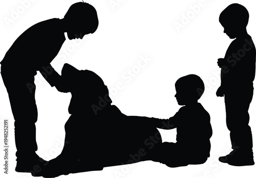 Black silhouette of four people one lying down and three standing or sitting around