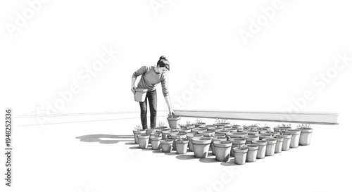 Woman tending to a large collection of potted plants in a minimalist setting.