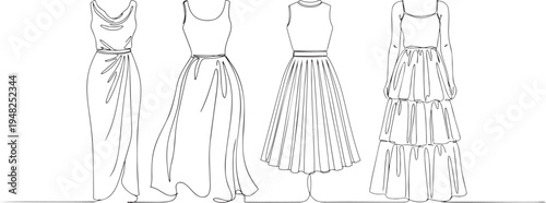 Summer dress and gown set continuous one line drawing minimalist outline illustration female fashion clothing in one line art style with editable stroke vector.