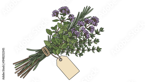 Hand tied bouquet of aromatic herbs like oregano and thyme with a small cardboard tag for professional kitchen use.