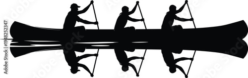 Black silhouette of four people rowing a boat with oars silhouettes