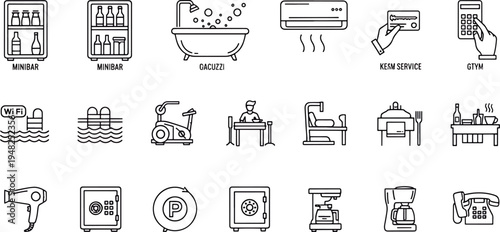 Hotel Amenities Icons Collection Vector Set Clean Line Art Style Featuring Minibar Bathtub Gym Wi-Fi Safe and More
