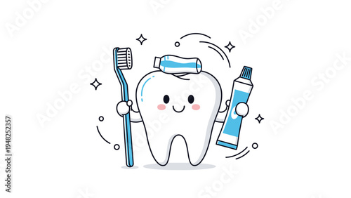 Happy cartoon tooth character holding a blue toothbrush and a tube of toothpaste to promote daily dental hygiene.