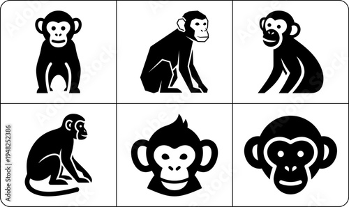 A set of six monkey silhouettes in different poses and expressions, showcasing their unique characteristics and personalities in a simple and modern design.