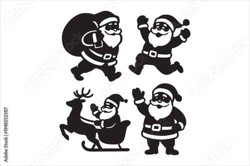 Black and white illustrations of santa claus and a reindeer