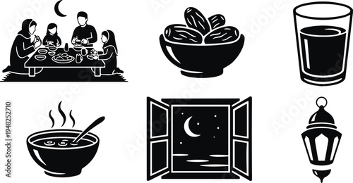 Ramadan iftar icons set family dinner dates bowl drink soup lantern and crescent moon window Islamic fasting symbols vector silhouette collection isolated on white