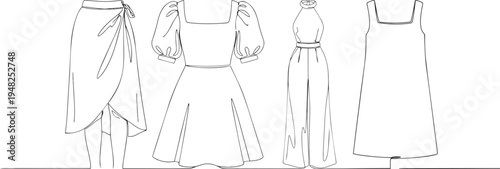 Wrap skirt and jumpsuit set continuous one line drawing minimalist outline illustration women fashion apparel in one line art style with editable stroke vector.