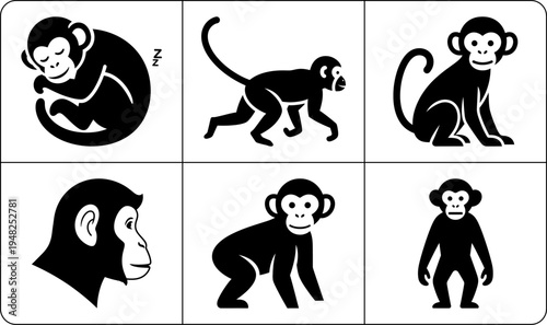 A set of six monkey silhouettes in different poses and views, including a sleeping monkey, a standing monkey, and a sitting monkey, all in black and white.