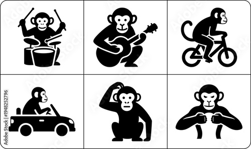 A set of six monkey silhouettes showcasing different fun activities, including playing guitar, drums, riding a bike, driving a car, flexing muscles, and posing with fists.