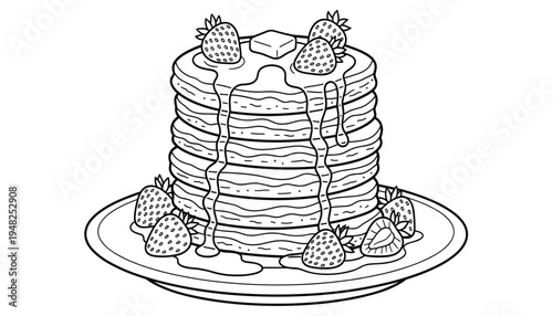 A stack of pancakes with strawberries and syrup on a plate