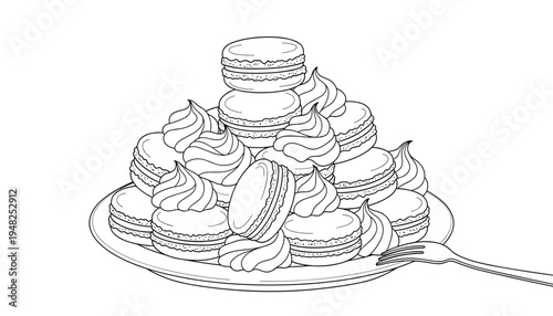 A pyramid of macarons and meringue on a plate with a fork