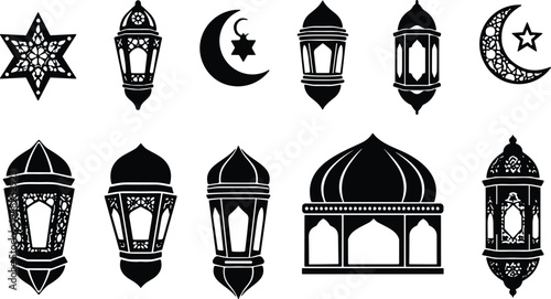 Ramadan Islamic icon set with lanterns crescent moon star and mosque silhouettes traditional Arabic decorative symbols vector illustration isolated on white background