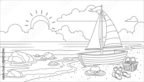 A serene beach scene with a sailboat sun clouds and a picnic setup on the shore with hat basket and flip flops