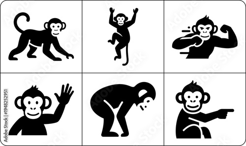 A set of six monkey silhouettes in different poses, showcasing their playful and energetic nature, with a clean and simple design.