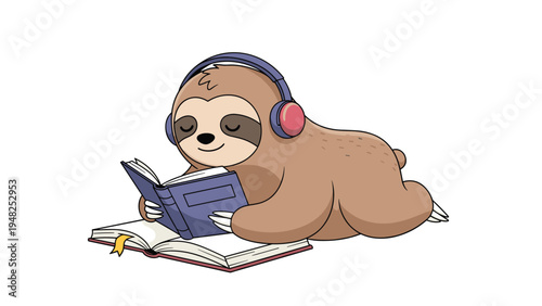 Relaxed sloth lying down while reading an interesting book and listening to music with red over ear headphones.