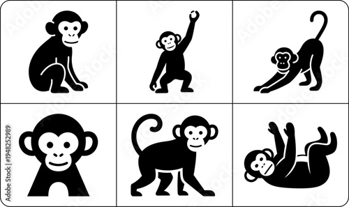 A set of six black monkey silhouettes in various playful poses on a white background, showcasing different movements and expressions, with a focus on the silhouette of the monkeys.