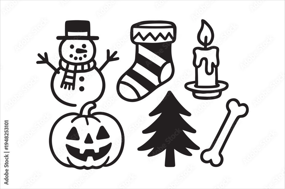Naklejka premium Black and white illustration of halloween and christmas themed objects