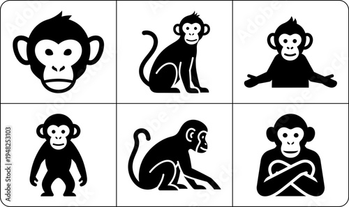A set of six monkey silhouettes in different poses and expressions, showcasing their playful and curious nature in a simple yet charming design.
