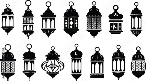 Ramadan lantern silhouette collection traditional Arabic Islamic hanging lamps decorative vintage lantern set vector illustration isolated on white background for Ramadan and Eid design