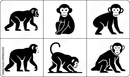 A collection of six monkey silhouettes in different poses, showcasing their agility and playfulness, set against a clean white background.