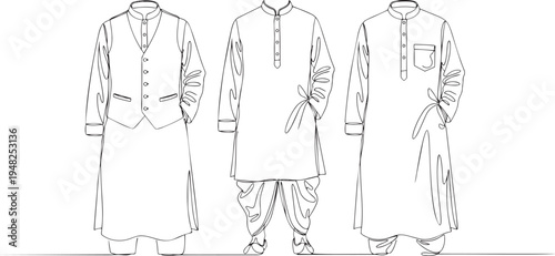 Indian men traditional clothing set continuous one line drawing minimalist outline illustration ethnic kurta pajama in one line art style with editable stroke vector.