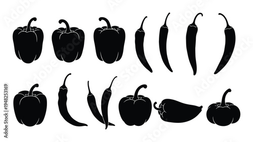 A vibrant and diverse array of peppers and chillies in a simple yet striking black silhouette against a clean white background for culinary or design use