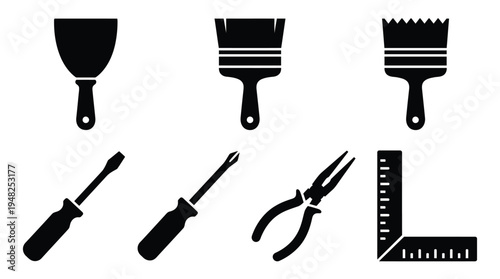 Black silhouette icons of various hand tools Vector