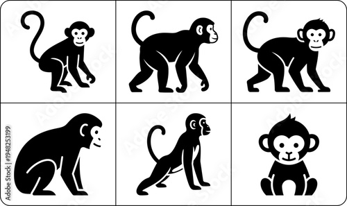 A set of six monkey silhouettes in different poses, showcasing their unique characteristics and behaviors in a simple yet creative way, highlighting their silhouette against a clean white background.