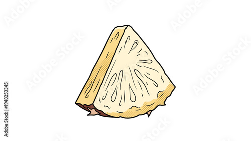Single triangular slice of fresh pineapple depicted in a colorful pop art style with halftone dot patterns.