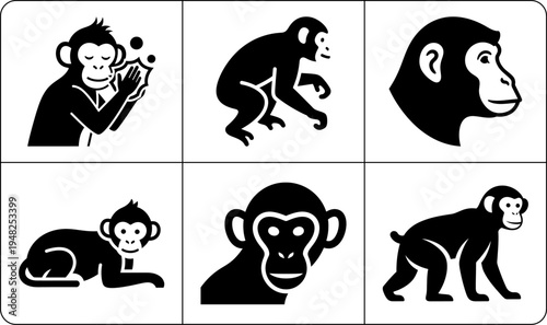 A set of six monkey silhouettes in different poses, showcasing their playful and mischievous nature, against a clean white background.