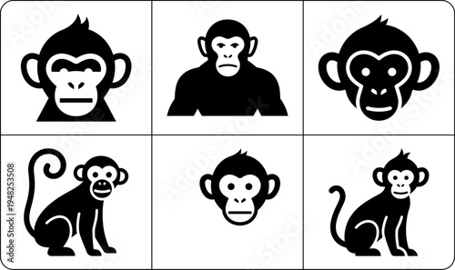 A set of black monkey silhouettes in various poses and expressions on a white background, showcasing different monkey faces and bodies in a simple and minimalist style.