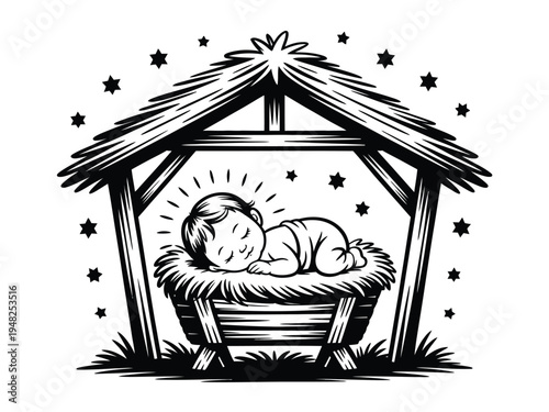 Sleeping baby Jesus rests peacefully in a manger under a starry stable roof.