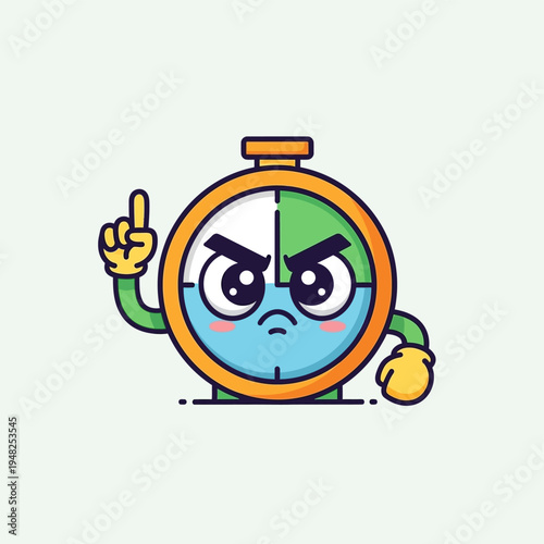 Angry Cartoon Stopwatch Character Showing One Finger.