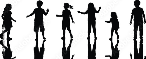 Black silhouettes of children jumping on white background kids