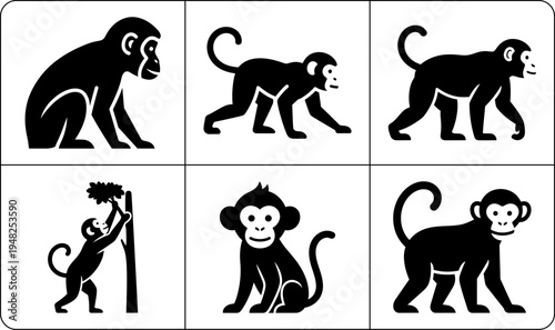 A set of monkey silhouettes in various poses, showcasing their agility and playfulness in a simple yet effective design.