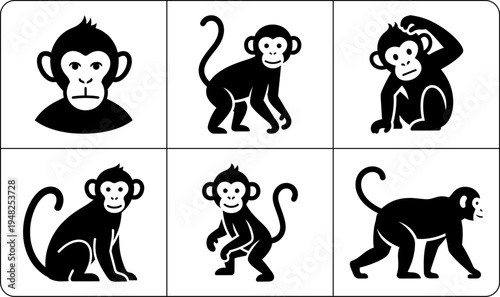 A set of six monkey silhouettes in different poses, showcasing their playful and curious nature, with a clean and simple design.