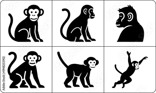 A collection of monkey silhouettes in different poses, showcasing their playful and curious nature, with a clean and simple design.